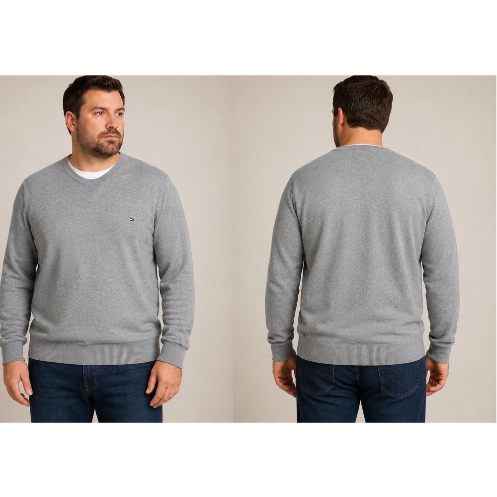 Tommy Hilfiger Crewneck Sweater Mens Cotton XXL Gray Knit Logo Preppy Classic